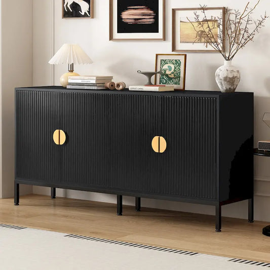 Exquisite Vertical-Striped Four-Door Sideboard with Sturdy Metal Legs and Semi-Circular Handles, for Entryway and Living Room