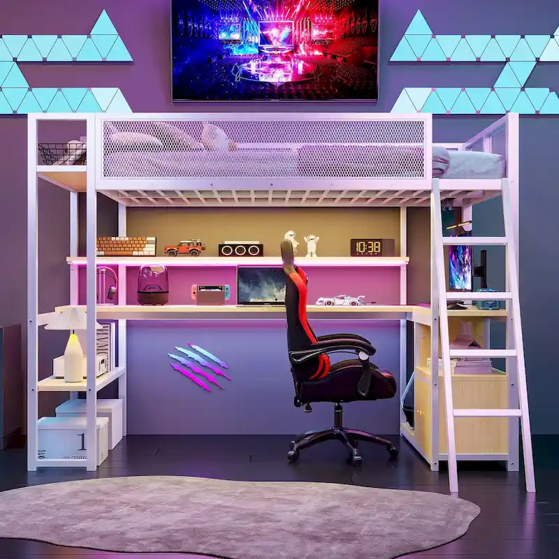 Twin Size Metal Loft Bed with Built-in Work Station, LED and Multiple Storage