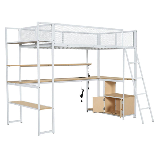 Twin Size Metal Loft Bed with Built-in Work Station, LED and Multiple Storage