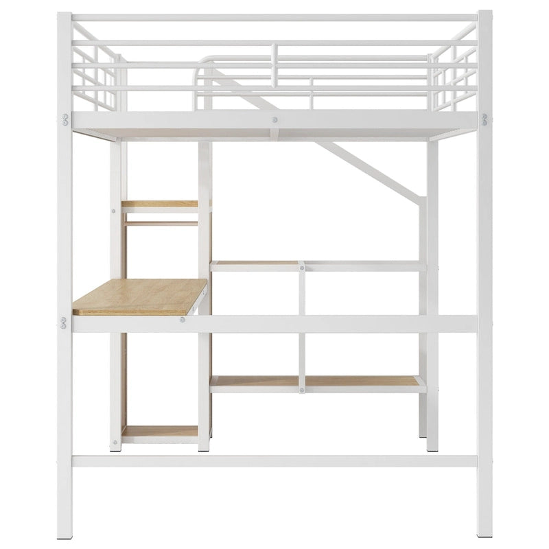 Full Size Metal Loft Bed with Desk & Small Wardrobe, Space-Saving LED Loft Bed Heavy Duty Bed Frame with Storage Staircase