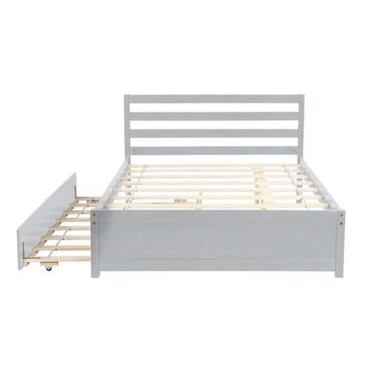 Grey Full Size Wood Platform Bed with Headboard and Twin Trundle - Durable Pine with Slat Support