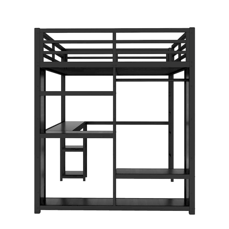 Black Queen Loft Bed with Built-in Wardrobe, Desk, and Storage Shelves, Space-Saving Design