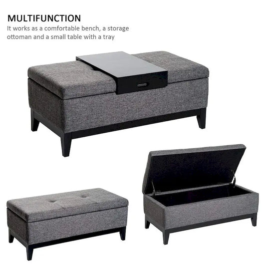 HomCom 42 Rectangular Linen Fabric Storage Ottoman Bench with Tray - Grey