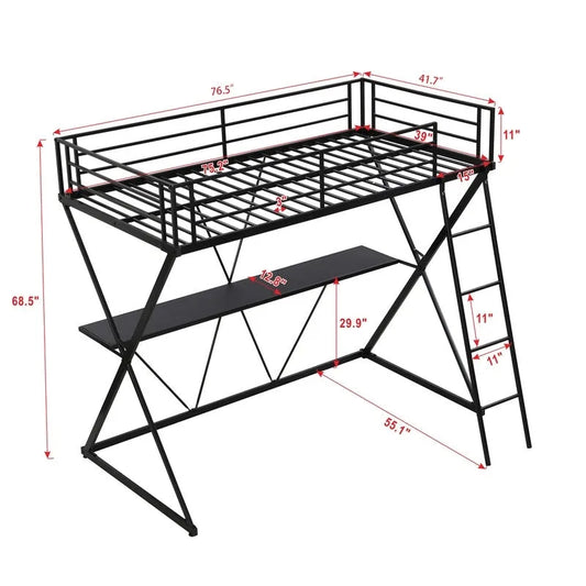 Twin Size Loft Bed with Desk, Ladder and Full-Length Guardrails, X-Shaped Frame, Black