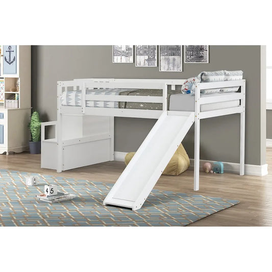 Loft Bed with Staircase, Storage, Slide, Twin size, Full-length Safety Guardrails, No Box Spring Needed, Grey