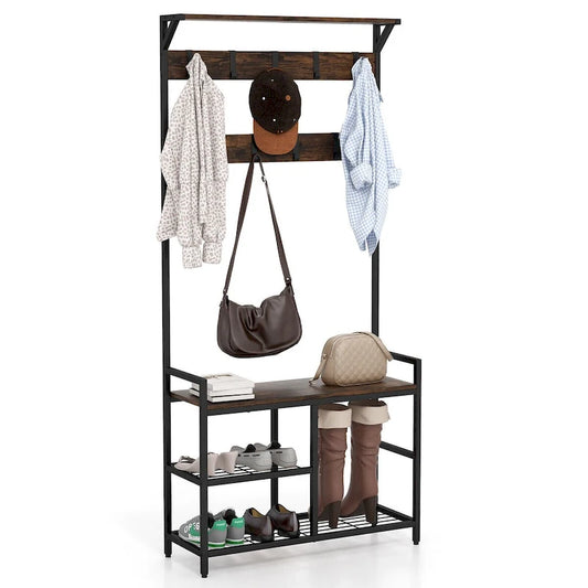71 Inch Freestanding Hall Tree with Shoe Bench and 9 Removable Hooks-Rustic Brown - 33 x 12 x 71