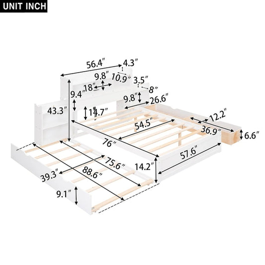 Storage Platform Bed with Pull Out Shelves, Trundle and 2 Drawers
