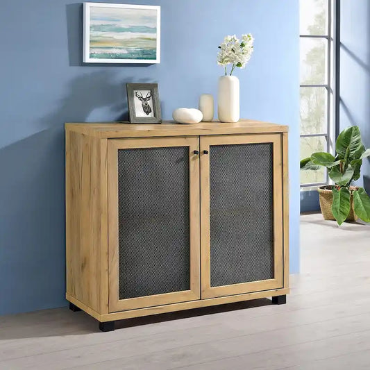 2 Doors Accent Cabinet with Metal Legs in Golden Oak and Black