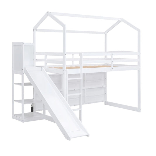 Merax Twin Size Wood House Loft bed with Slide