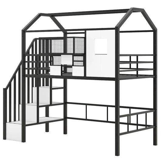 Twin Size Metal Loft Bed with Roof Design and Integrated Storage Box