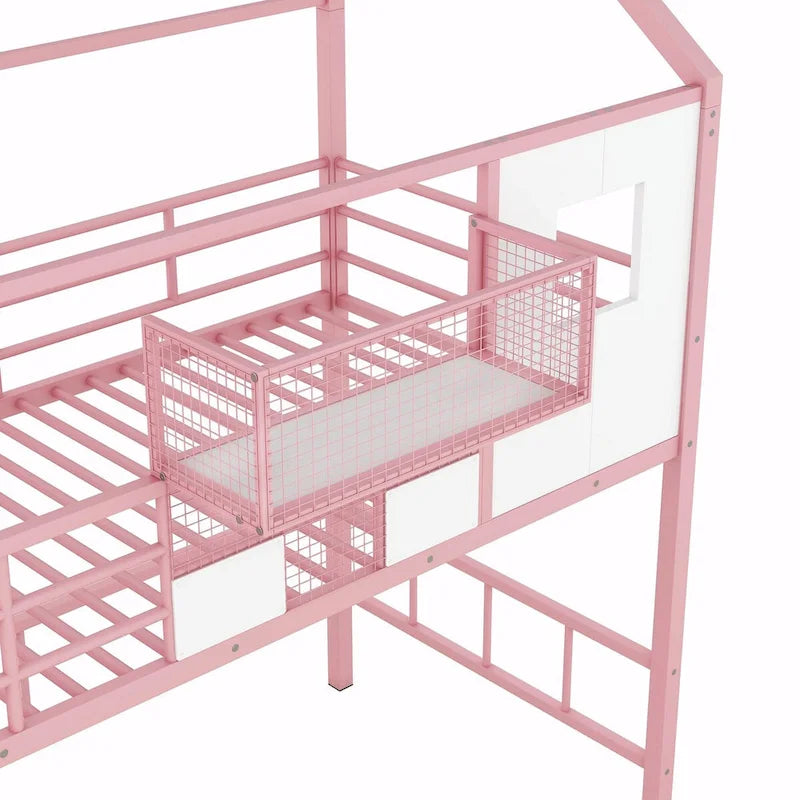 Twin Size Metal Loft Bed with Roof Design and Integrated Storage Box