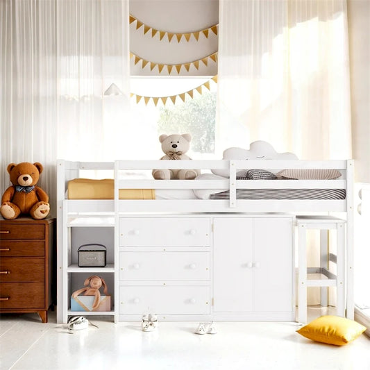 Twin Size Wood Loft Bed with Pull-Out Desk,Cabinet and Shelves