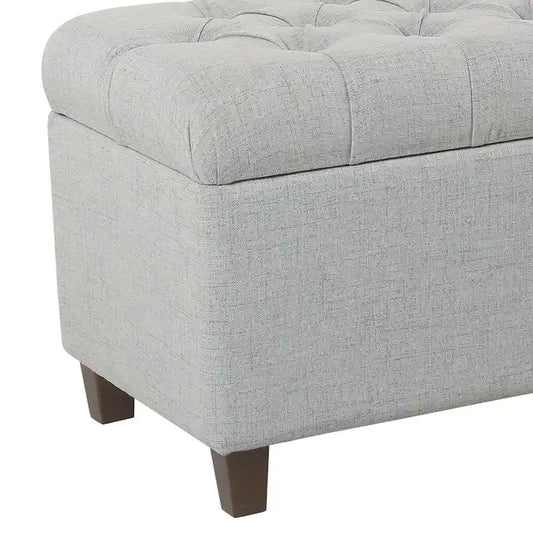 Fabric Upholstered Button Tufted Wooden Bench with Hinged Storage, Light Gray and Brown