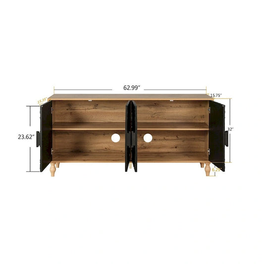 Black Carved Symmetrical Design Door And Wood Coloured Frame