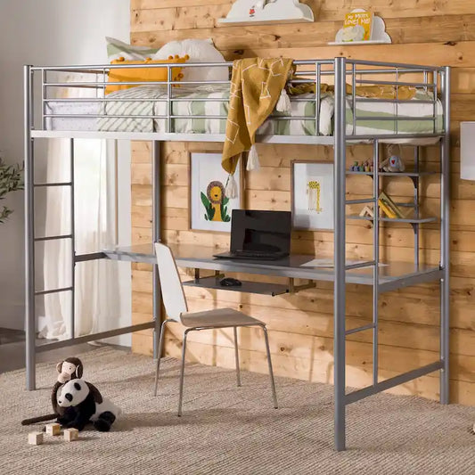 Middlebrook Abner Twin Metal Loft Bed with Desk - Silver