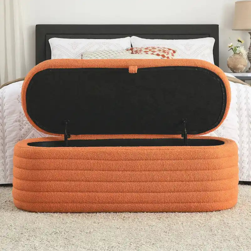 Teddy Fabric Upholstered Storage Bench End of Bed Stool with Safety Hinge