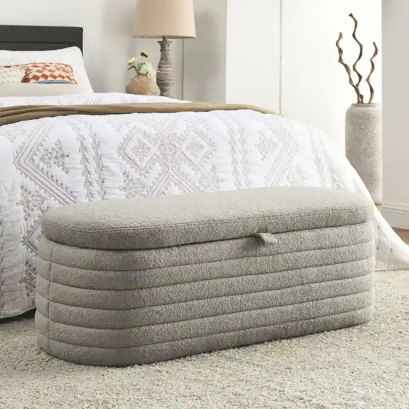 Teddy Fabric Upholstered Storage Bench End of Bed Stool with Safety Hinge
