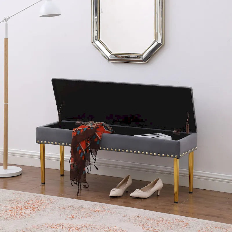 2 in 1 Combination Tufted Velvet Benches Set with Gold Leg and Nailhead Trim