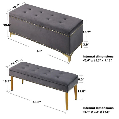 2 in 1 Combination Tufted Velvet Benches Set with Gold Leg and Nailhead Trim