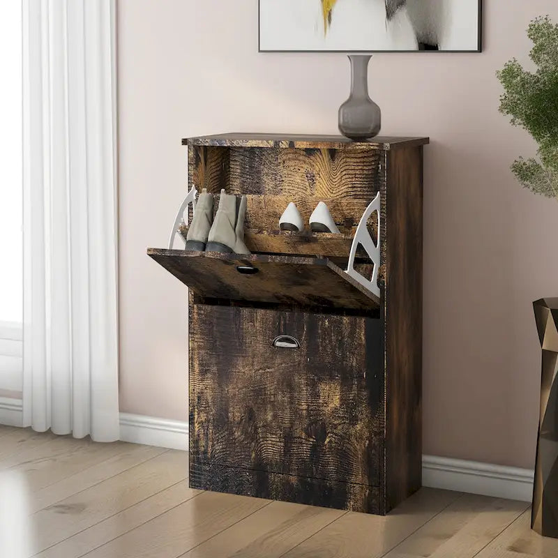 Shoe Cabinet,Hidden Slim Narrow Shoe Rack Cabinet with 2 Drawers for Entryway, Foyer,Hallway,Bedroom,Original Wood Color