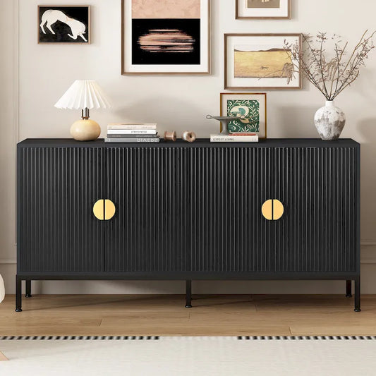 Exquisite Vertical-Striped Four-Door Sideboard with Sturdy Metal Legs and Semi-Circular Handles, for Entryway and Living Room