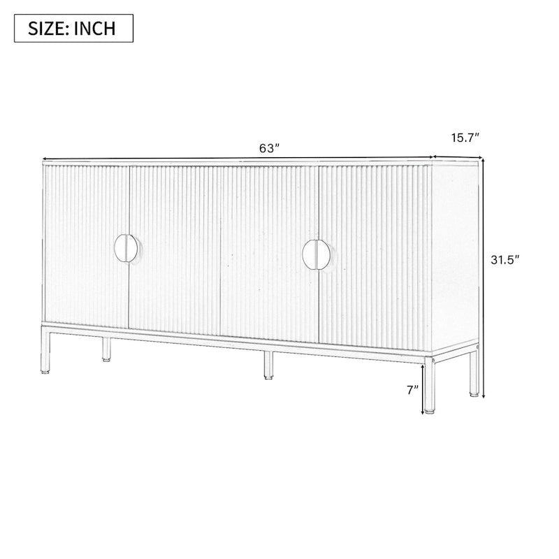 Exquisite Vertical-Striped Four-Door Sideboard with Sturdy Metal Legs and Semi-Circular Handles, for Entryway and Living Room