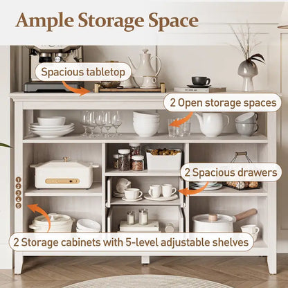 52.8 Rattan Sideboard, Boho Farmhouse Storage Cabinet with Adjustable Shelves, Accent Buffet Cabinet for Kitchen