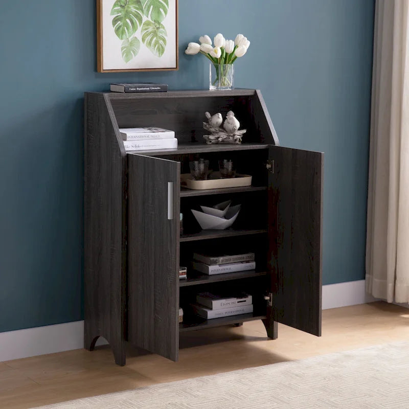 Wooden Two Door Shoe Cabinet with Four Interior Shelves fits 10 Pairs of Shoes for Living Room, Entryway, Bedroom