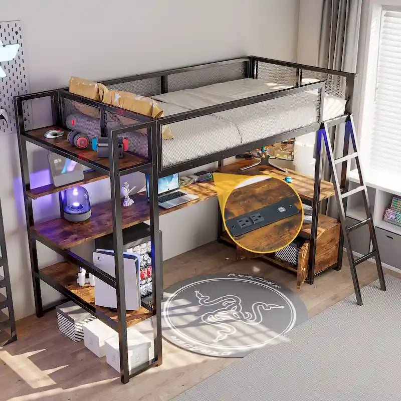 Twin Size Metal Loft Bed with Built-in Work Station, LED and Multiple Storage