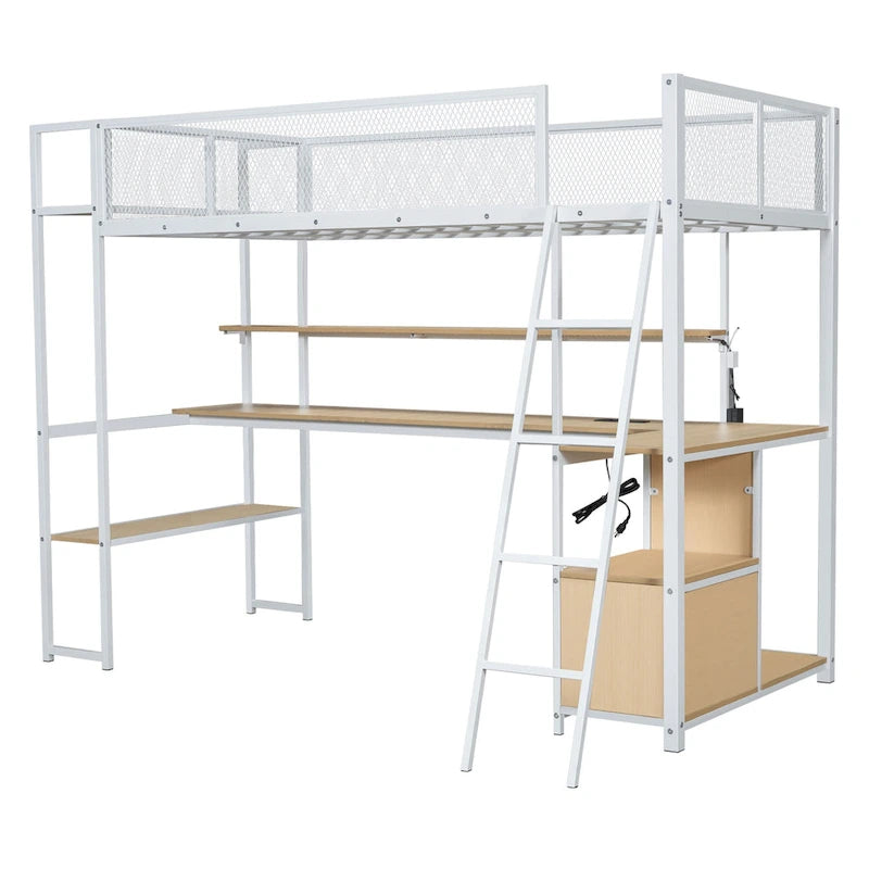 Twin Size Metal Loft Bed with Built-in Work Station, LED and Multiple Storage