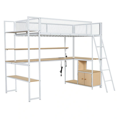 Twin Size Metal Loft Bed with Built-in Work Station, LED and Multiple Storage