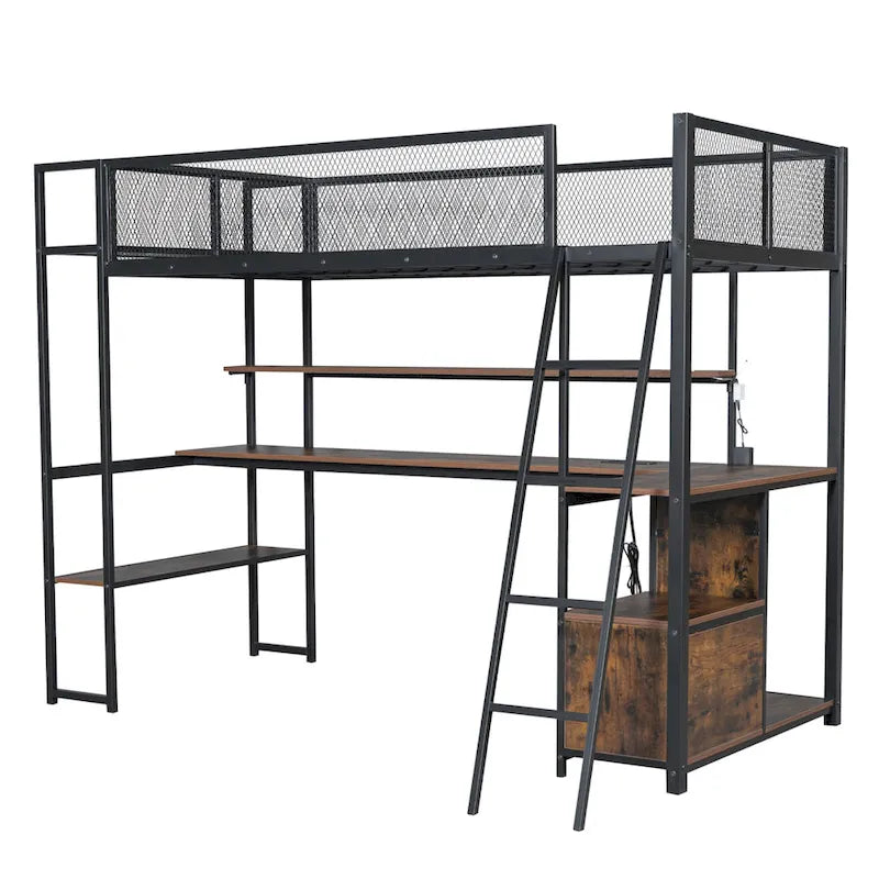 Twin Size Metal Loft Bed with Built-in Work Station, LED and Multiple Storage