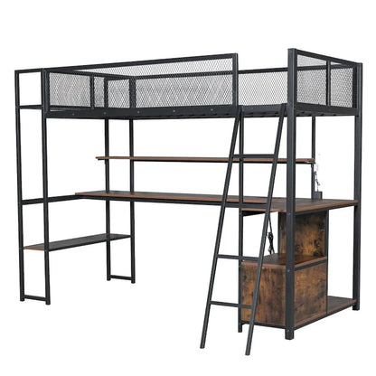 Twin Size Metal Loft Bed with Built-in Work Station, LED and Multiple Storage