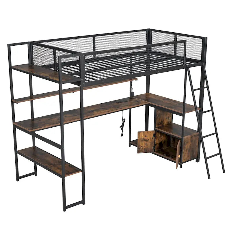 Twin Size Metal Loft Bed with Built-in Work Station, LED and Multiple Storage