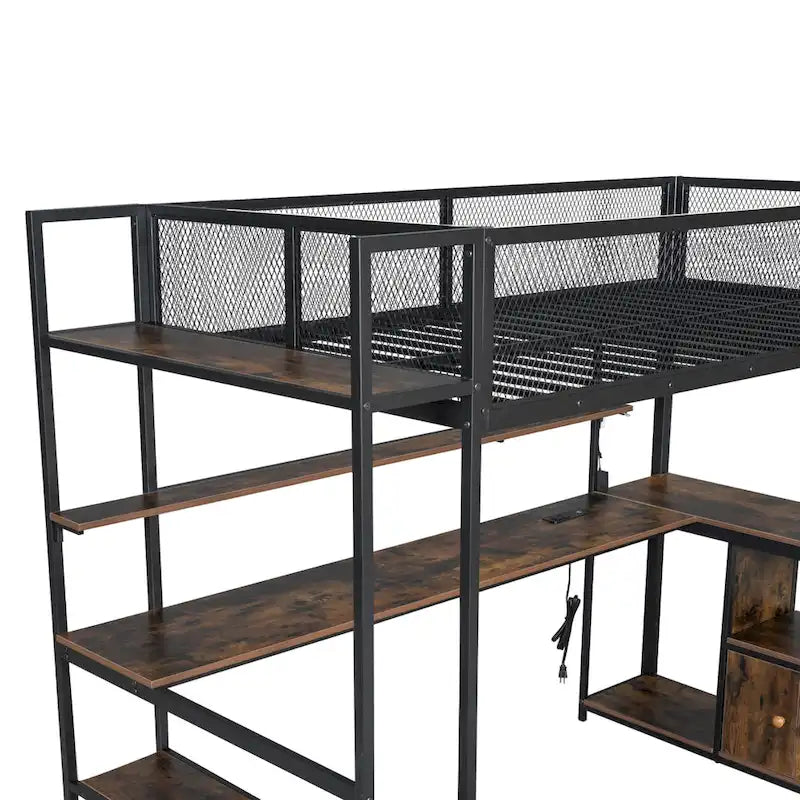 Twin Size Metal Loft Bed with Built-in Work Station, LED and Multiple Storage