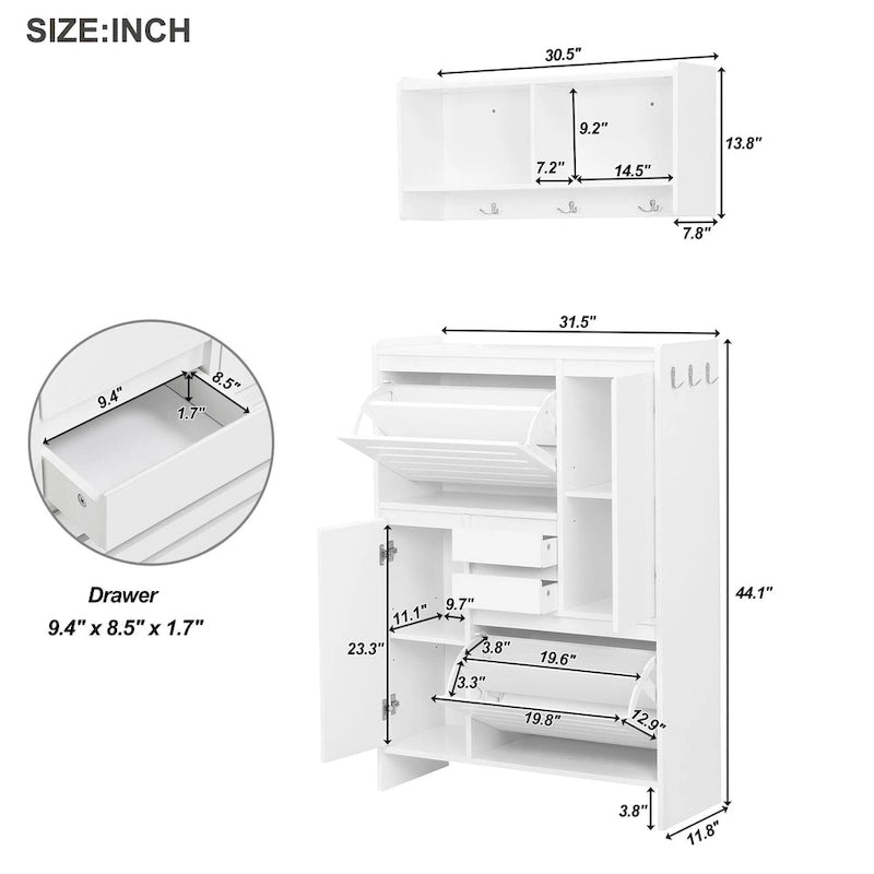 Multi-Functional Tipping Bucket Shoe Cabinet with Wall Cabinet, Space-saving Design Foyer Cabinet with 2 Flip Drawers