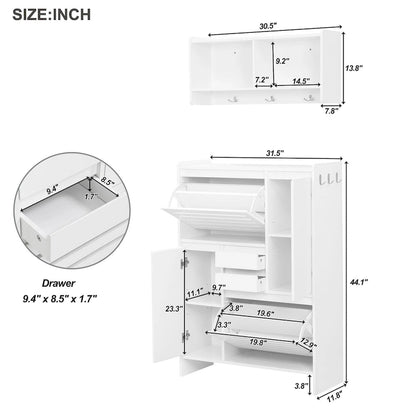 Multi-Functional Tipping Bucket Shoe Cabinet with Wall Cabinet, Space-saving Design Foyer Cabinet with 2 Flip Drawers