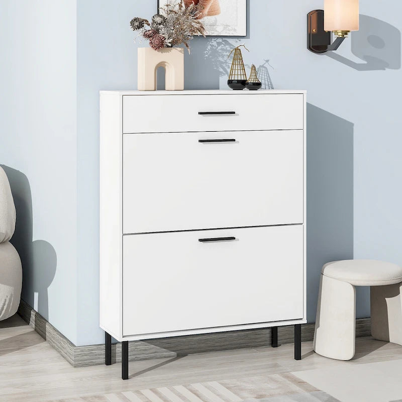 Freestanding Shoe Rack Storage Organizer with Drawers & Metal Legs, Modern Shoe Storage Cabinet with 2 Flip Drawers