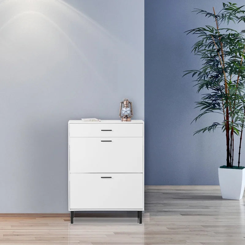 Freestanding Shoe Rack Storage Organizer with Drawers & Metal Legs, Modern Shoe Storage Cabinet with 2 Flip Drawers