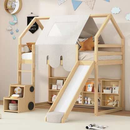 Twin Loft Bed with Play Tent, House Design, Slide & Ladder