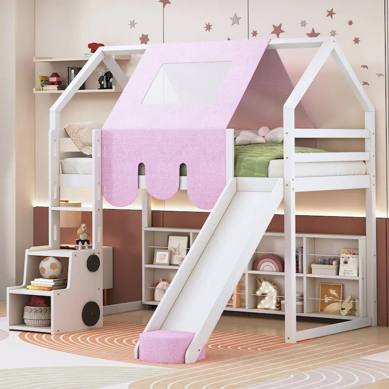Twin Loft Bed with Play Tent, House Design, Slide & Ladder