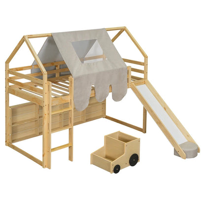 Twin Loft Bed with Play Tent, House Design, Slide & Ladder