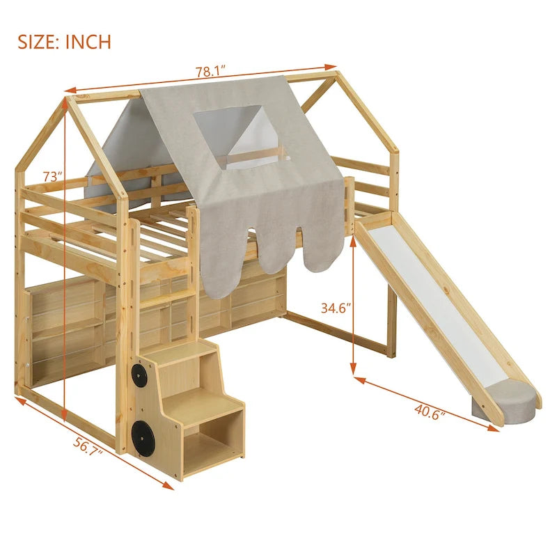 Twin Loft Bed with Play Tent, House Design, Slide & Ladder