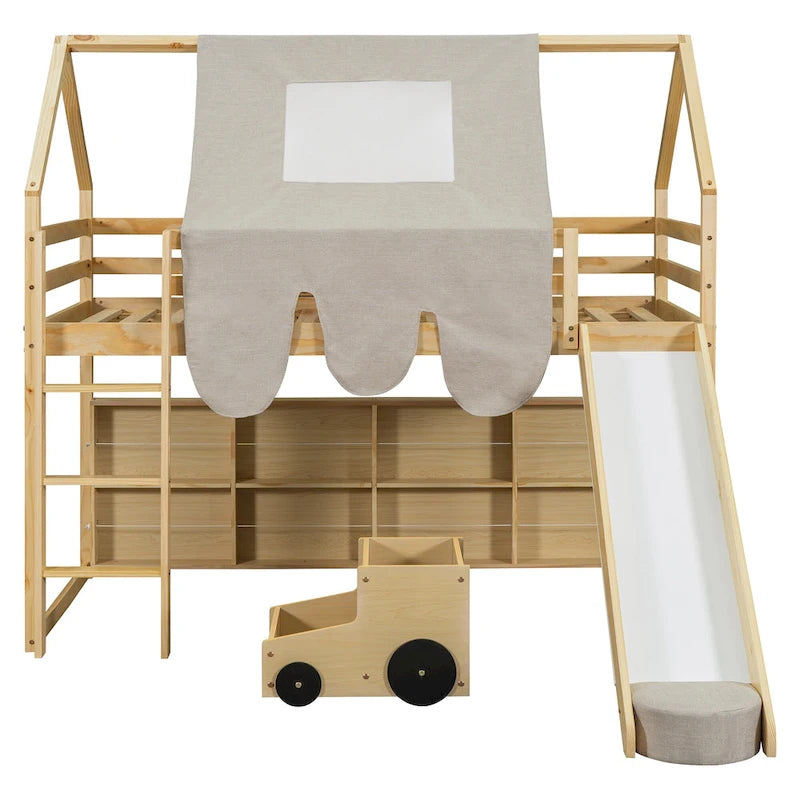 Twin Loft Bed with Play Tent, House Design, Slide & Ladder