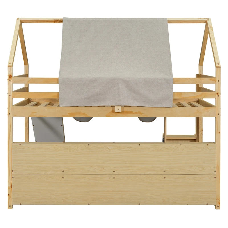 Twin Loft Bed with Play Tent, House Design, Slide & Ladder