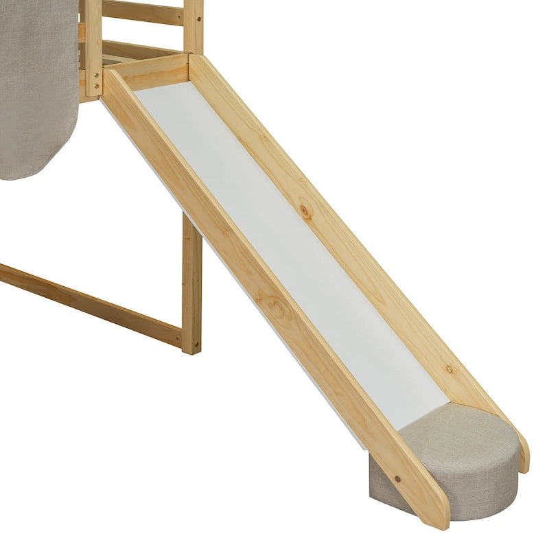 Twin Loft Bed with Play Tent, House Design, Slide & Ladder