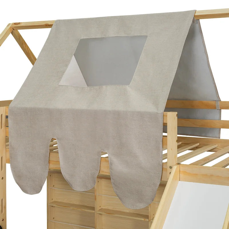 Twin Loft Bed with Play Tent, House Design, Slide & Ladder