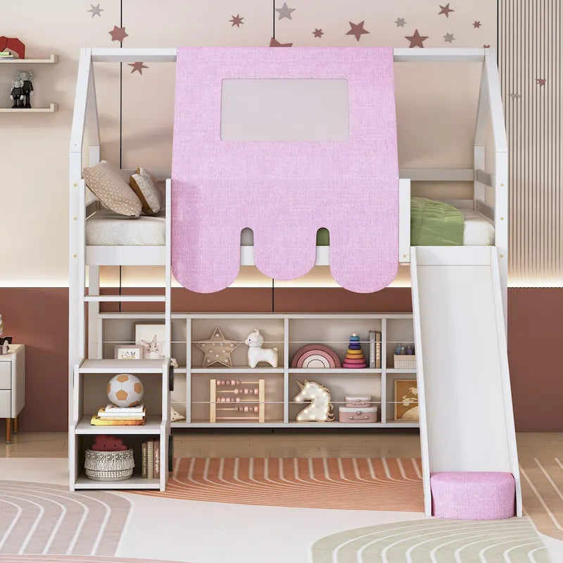 Twin Loft Bed with Play Tent, House Design, Slide & Ladder