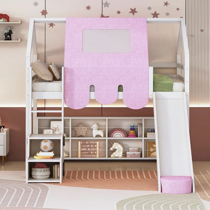 Twin Loft Bed with Play Tent, House Design, Slide & Ladder
