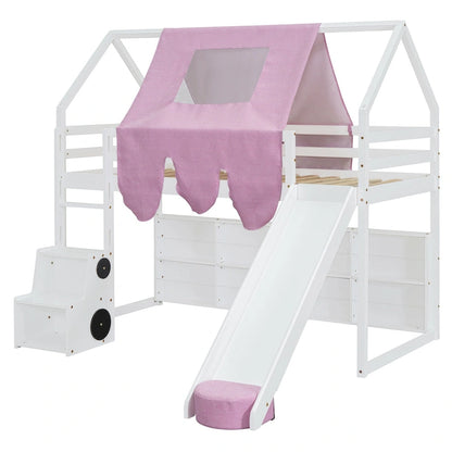 Twin Loft Bed with Play Tent, House Design, Slide & Ladder
